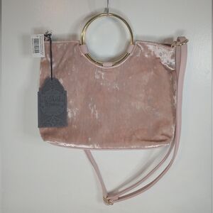 Pink Velvet & Faux Leather Shoulder Bag w Gold Ring Handles New!